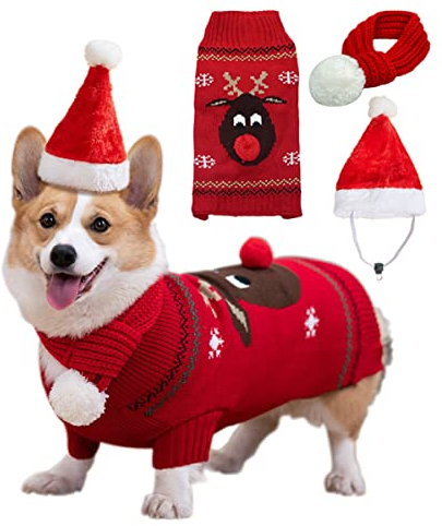 Aurueda Hundepullover Weihnachten Winter Warmer Haustier Weihnachtspullover Elch Strickpullover Hundebekleidung Winterpullover für kleine mittelgroße große Hunde Welpen Rot, Größe XL