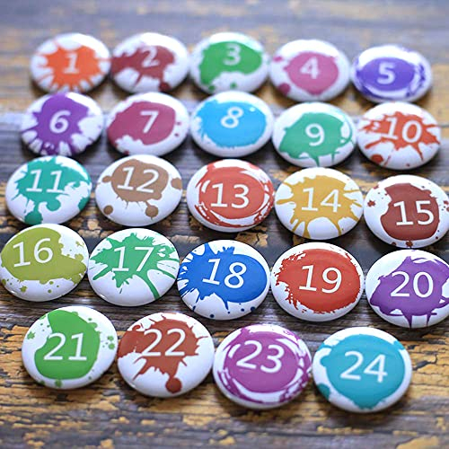Duories 24 Adventskalender Zahlen Buttons Anstecker,Weihnachtskalender Adventskalenderzahlen Nummer Buttons für Kalender zum selber basteln Weihnachtskalendern-Jutesäckchen