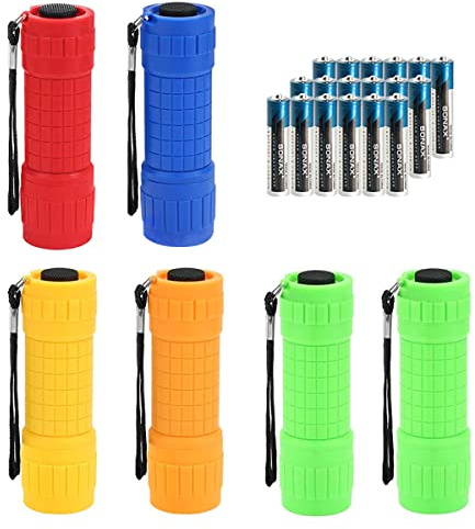 Whaply 6-Pack Small Mini Flashlight Set, 5 Colors, COB LED Handheld Flashlight with Lanyard,18-Pack AAA Battery Included for Kids/Night Reading/Party/Camping/Emergency/Hunting
