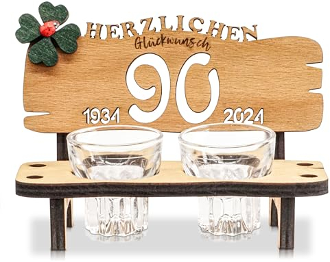 DARO Design - Schnapsbank Jahreszahl 90 Jahre Holz 2 Schnapsgläser Kleeblatt Jahrestag Geburtstag Hochzeitsgeschenk Jubiläum Geschenk 2025