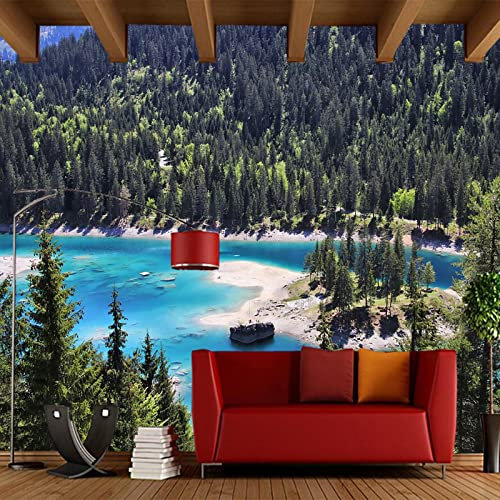 YABAOST Papier Peint Photo 3D Optique 380X360Cm Trompe L Oeil | Déco Mural Tableaux Muraux Photo Arbres Lac Paysage Mural Décor Motif Poster Géant Stickers Muraux Optique Fond Effet