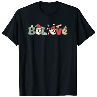 Christmas Believe Santa Claus Hut Xmas Tree Rentier Geweih T-Shirt