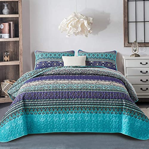 WONGS BEDDING Purple Bohemian Bedspread for All Season Boho Striped Quilt Coverlet with 2 Pillowcases Soft Microfiber Bedspread Double Size 220x240cm