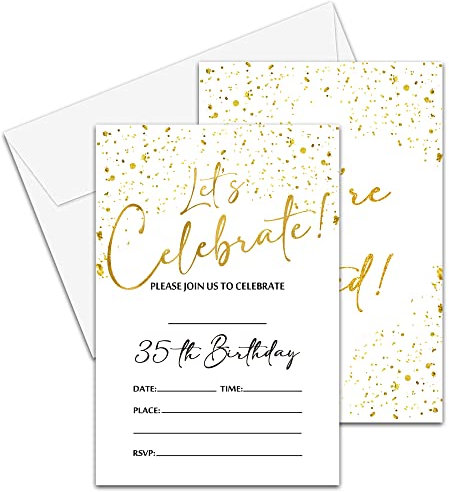 YQV Einladungskarten zum 35. Geburtstag, 10,2 x 15,2 cm, Weiß und Gold, Konfetti-Geburtstagsparty-Einladungen mit Umschlägen, Party-Dekorationen, Zubehör (20 Stück) -D10