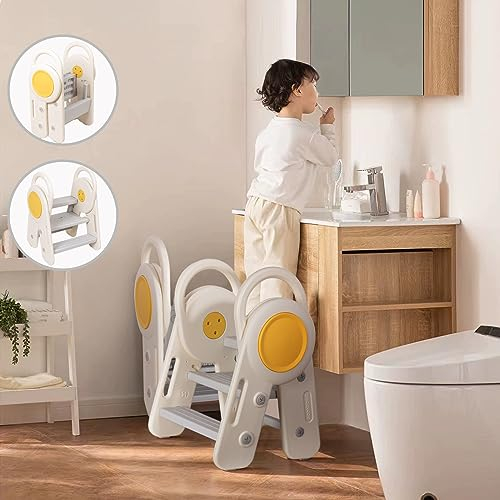 Leogreen Scaletta a Tre Gradini per Bambini Pieghevole, Torre di Apprendimento Regolabile in Altezza con Maniglia, Sgabello Multifunzionale per Bambini,per Bagno, Cameretta Dei Bambini, Cucina