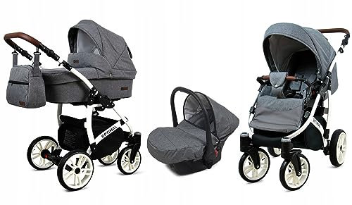 BabyLux® Bambimo Kinderwagen Set 3 in 1 - Optimal - incl. Babywanne, Buggy Sportsitz, Auto-Babyschale - Autositz - Kinderwagenset - Kombikinderwagen mit Wickeltasche, Regenschutz usw.