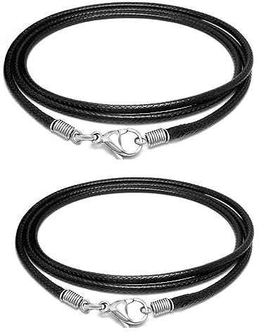 2 Pcs Cuir Cordon Collier Homme, Collier Tressé en Cuir Cordon Pour Pendentif Collier en Cuir Simili Noir Tressé Waterproof avec Fermoir Acier Inoxydable