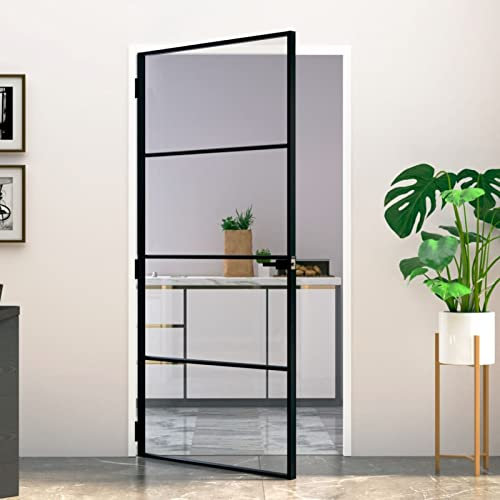 Innentür Schwarz 102x201,5 cm Hartglas & Aluminium Schlank, ZEYUAN Zimmertür, Eingangstür, Innentüren, Wohnungstür, Nebeneingangstür, Terrassentür, Außentüren - Montagezubehör inbegriffen