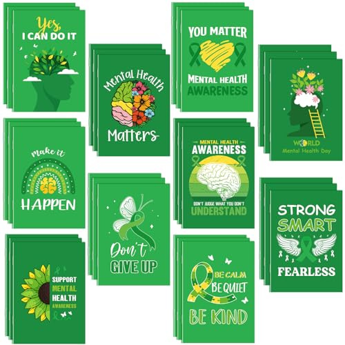 Dinifee 100 Pcs Mini Mental Health Notepads Small Memo Pad Notepads Bulk Mental Health Awareness Green Ribbon Pocket Notebooks for Kids and School Supplies, 10 Styles
