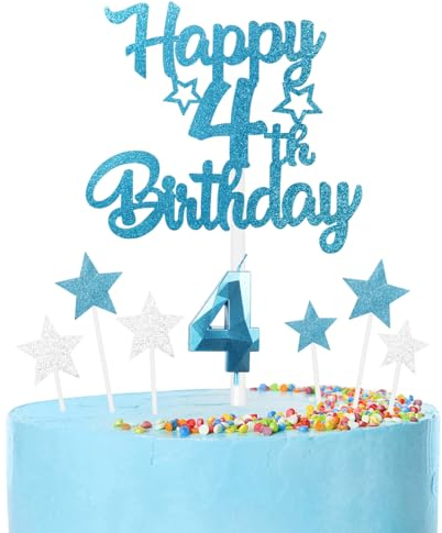 mciskin Happy 4th Birthday Candles Cake Toppers Set, Blue Number 4 Candle for Cake, Girls Boys 4th Birthday Decorations,3D Birthday Number Candles with Silver Star Toppers for Boy Girl