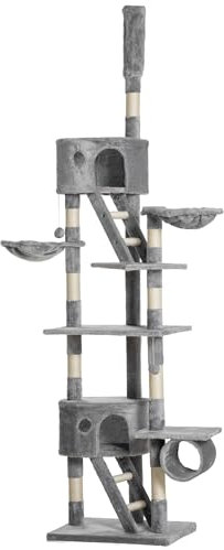 PawHut 240-260cm Floor to Ceiling Cat Tree with Scratching Posts - Light Grey