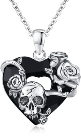 ECHOOY Collier en argent sterling avec pendentif en forme de tête de mort, rose, gothique en cristal autrichien, collier d'Halloween, cadeau pour femme et homme, Argent sterling