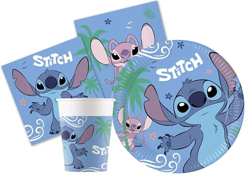 Kit Vajilla de Fiesta Disney Stitch & Angel para 24 personas (88 pcs: 24 platos Ø23cm, 24 vasos 200ml, 40 servilletas 33x33cm) de papel FSC