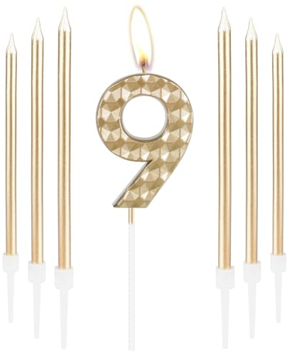 Champagne Gold 9th Birthday Number 9 Candles - Girls & Boys Birthday Decorations, Cake Toppers for Parties & Weddings