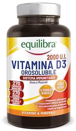 Equilibra, Vitamina D3 2000 UI, 50 mcg por Comprimido, Soluble en la Boca, Huesos y muscolos normal, Normal funcionamento del Sistema Inmunitario, Vegetariano, Sin Gluten, Sin Lactosa, 270 Comprimidos