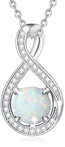 FANCIME Weißer Opal Kette Oktober Geburtsstein Sterling Silber Infinity CZ Anhänger Halskette Damen Edelstein Feinen Schmuck Geburtstag Graduierung Geschenke für Frauen Ihre Mutter