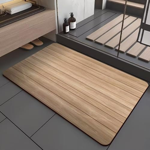 Tapis De Bain Diatomite 50X80Cm Bois Tapis De Douche Antidérapant,Tapis Salle De Bain Absorbant,Tapis De Douche Séchage Rapide,Stone Bath Mat,Doux Microfibre Tapis Bain