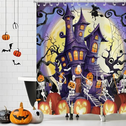 Hnmdmyi Rideau de Douche Halloween 90x180, Drôle de tête de Mort Rideau de Douche Pleine Lune Sorcière Château Citrouille Fantôme Arbre Mort Rideau de Baignoire Étanche Polyester Tissu Rideau de Bain