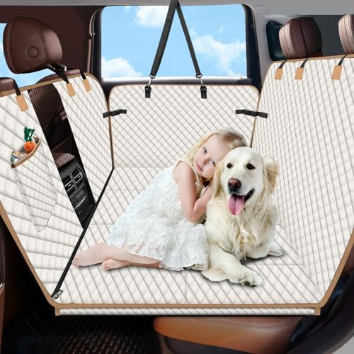 Lekespring Hundedecke Auto Rückbank mit Harter Unterseite, Universal Hundesitzbezug für Auto Rückbank, wasserdichte Kratzfeste Hunde Autositz Rückbank, Beige