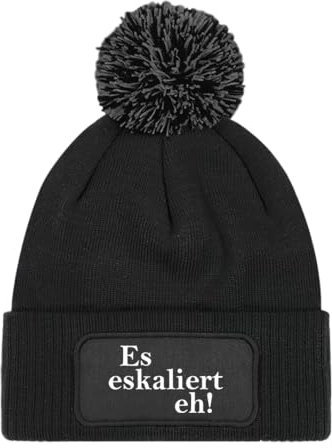 Prozente Momente Es eskaliert eh! – Beanie mit Bommel | Strickmütze | Wollmütze | Beanie mit Druck | lustige Sprüche | Apres-Ski | Winter | Schwarz