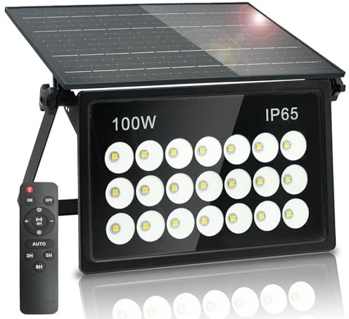 BOSITE 100W Lampe Solaire Extérieur, Lumière Solaire Extérieure Avec télécommande, 6500K Spot Solaire Exterieur, IP65 Étanches projecteur solaire pour Porche Patio Jardin Garage Allée