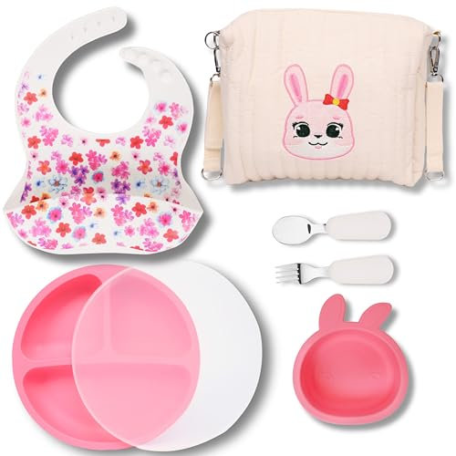 Set Repas Bébé 7 Pièces – Assiette Ventouse, Bol, Couvercle, Cuillère, Fourchette, Bavoir, Sac à Couches – Rose – Ti’Djuby®
