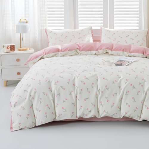 Nayoroom Baumwolle Bettwäsche 135x200 Rosa Tulpen Blumig Romantisch Aesthetic Bettbezug 2teilig Weiß mit Blümchen Floral Blumenwiese Wendebettwäsche mit Reißverschluss und Angenehm Kissenbezug 80x80