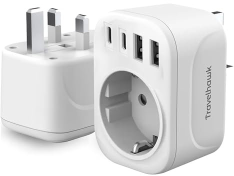 TravelHawk Reiseadapter UK - Reiseadapter Weltweit, Steckdosenadapter 20W Typ G, 2 USB-C und 2 USB-A, Reisestecker, Schnellladegerät, Reiseadapter UK, USA, Australien, Asien, Südamerika, Afrika