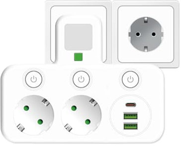 Multiprise Murale avec Interrupteur Individuel, Ports USB (2 USB et 1 Type C) et Indicateur pour la Maison et Bureau