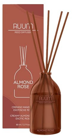 RUUM Reed Diffuser Duftstäbchen Duftvase - Edler Raumduft In Stilvoller Glasvase 80 ml (Almond Rose)