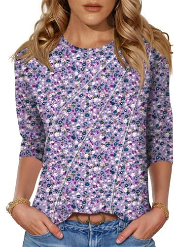 Kistore Womens 3/4 Sleeve Tops Crewneck Summer Printed Casual Tee Shirts Floral Blouse Loose Dressy Tunic Work Blouses S
