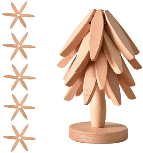 Holzuntersetzer für Heiße Gerichte, Faltbar Baumform Untersetze in L Ø 19cm, Küchenuntersetzer für Töpfe, Schüssel, Teekanne, Pfannenschutz Topfschutz Weihnachtsdekoration (Holz-untersetzer, 5 Stück)