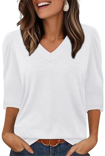 Aokosor Womens Tops 3/4 Length Puff Sleeve Bloues V Neck T Shirts for Women UK White Size 22-24