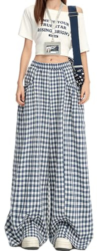Skateboard Frog Hosen Damen Y2K Weites Bein Baggy Karohose mit Elastischem Bund Große Taschen Leicht Sommer Casual