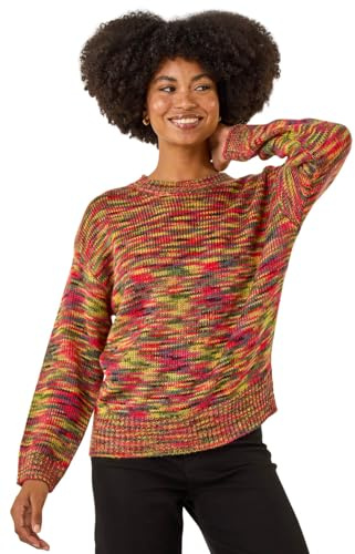 Roman Originals Thick Jumper for Women UK - Ladies Winter Autumn Smart Casual Knit Knitted Knitwear Pull-On Round Crew Neck Long Sleeve Work Office Dinner Party Green Multi