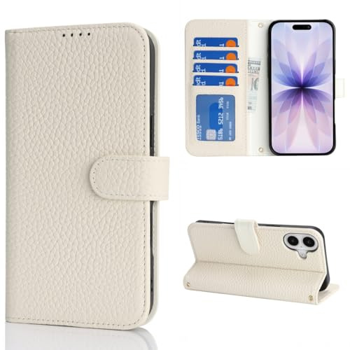 CAVOR Handyhülle kompatibel mit iPhone 17 Hülle,Flip Echtleder Geldbörse Hülle,[4 Kartenfächer][Schnalle][RFID-Blocker],Klapphülle Handytasche - Beige