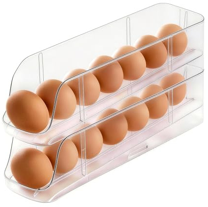 PAVSTINE Organizador de Huevos para Nevera Desmontable, 2 Pisos sin Tapa | Rodillos Automáticos Hueveras Capacidad para 14 Huevo, Transparente Dispensador de Huevos para Nevera en PET