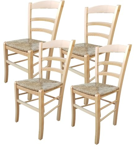 MA MAISON Set Sedie in Legno con Seduta in Paglia - Ampia, Compatta, Schienale Alto, Robusta, Paesana, Rustica, per Cucina, Agriturismo, Ristorante, Soggiorno - 45×45×88 CM (4, Naturale Laccato)