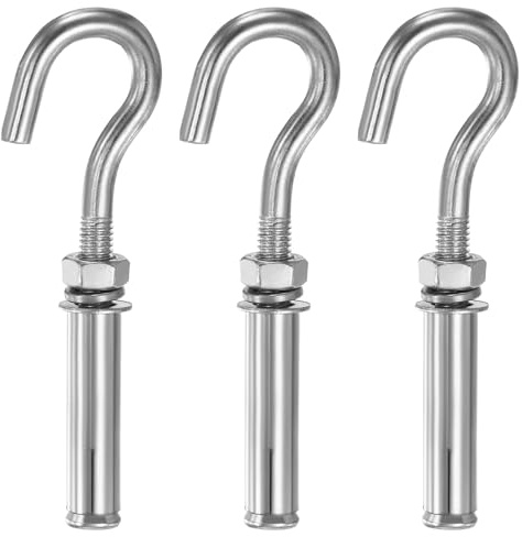 sourcing map 3 Pcs M8 304 Stainless Steel Concrete Wall Hook Heavy Duty Expansion Bolt Small Open Cup Hook Bolt for Indoor Outdoor Concrete Wall Brick Stone, Silver