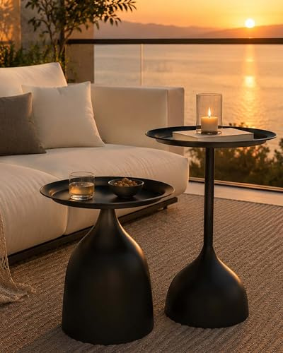 Amveya 2er Set Kleiner Beistelltisch Outdoor Wetterfest Couchtisch Schwarz | Beistelltisch Metall Kleiner Couchtisch Beistelltisch Rund für Balkon, Garten & Wohnzimmer, Moderner Sofa Tisch, Alto 60 cm