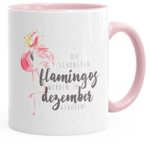 MoonWorks Geburtstags-Tasse Flamingo Krone die schönsten Flamingos werden im Dezember geboren Geschenk-Tasse farbiger Henkel rosa unisize