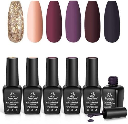 Beetles Gel Nail Polishes- Fall Gold Glitter Gel Nail Polish Set, 6 Colours Red Purple Full Maroon Nail Gel Polish Set, Soak Off Nail Lamp Nail Kit Varnish Manicure DIY