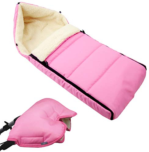 BAMBINIWELT KOMBI-ANGEBOT Muff + Winterfußsack 108cm - aus Lammwolle für Kinderwagen, Buggy, Radanhänger - WOLLE - LINIERT (rosa)