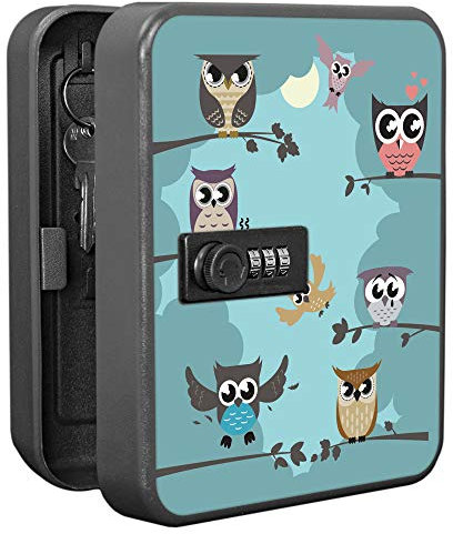 banjado Burg-Wächter Schlüsselkasten abschließbar für 20 Schlüssel/Schlüsselbox mit Zahlenschloss 16x20x8cm groß/Schlüsselaufbewahrung aus Stahlblech schwarz/Motiv Acht Eulen