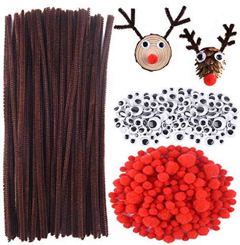 CHRORINE 850-teiliges Weihnachts Rentier Set, Wackelaugen Selbstklebend, Rote Pompons, Pfeifenputzer Braun zum Basteln, Weihnachten Geschenktüten Dekoration