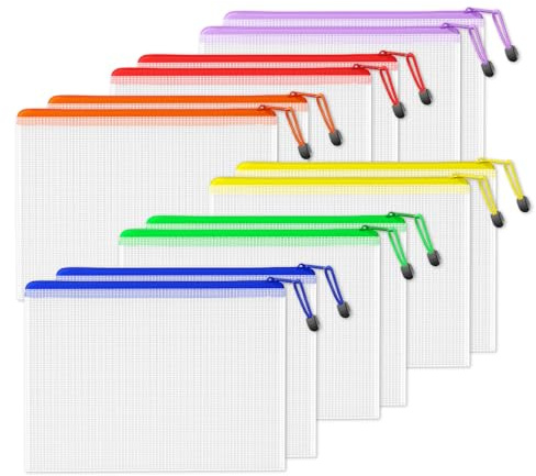 SUNEE Plastic Wallets A4, 12 Pack Mesh Zip Lock Document Wallets & File Bags, Waterproof Plastic Folders A4 for School, Office, Home and Travel Storage - 6 Colours