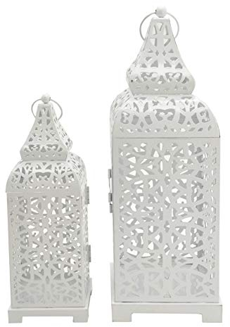 Rebecca Mobili 2 pz Portacandela Lanterne Etniche Metallo, Bianco, per Candele Fiori, Giardino Salotto - Misure: 39 x 14,5 x 14,5 cm (HxLxP) - Art. RE6551
