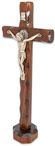 La Balestra Kruzifix St. Benediktisch aus Naturholz – Christus versilbert 999 – hergestellt in Umbria Italien (23,2 x 9,5 x 2,2 cm)