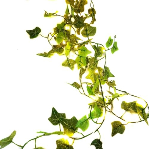 Guirnalda de luces LED artificiales para plantas falsas, tornillos colgantes con hojas y plantas, con batería verde, con vid y cuerda para decoración de la pared del hogar, 2 metros, 20 LED
