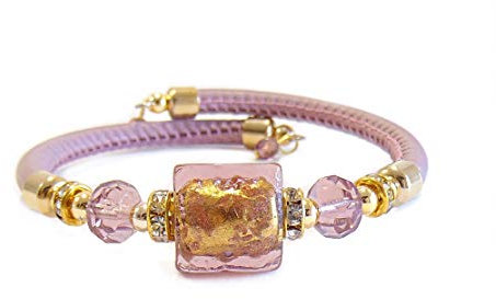 VENEZIA CLASSICA - Bracciale da Donna con perle in Vetro di Murano Originale e vera pelle Toscana, Collezione Lily, con foglia in oro 24kt, Made in Italy certificato (Lilla)